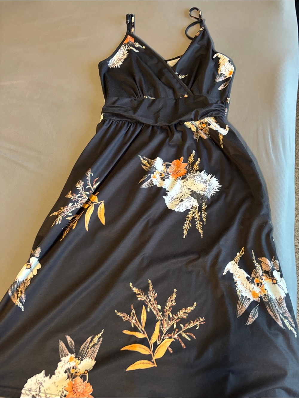 Black Floral Maxi Dress with Orange & Cream Blooms